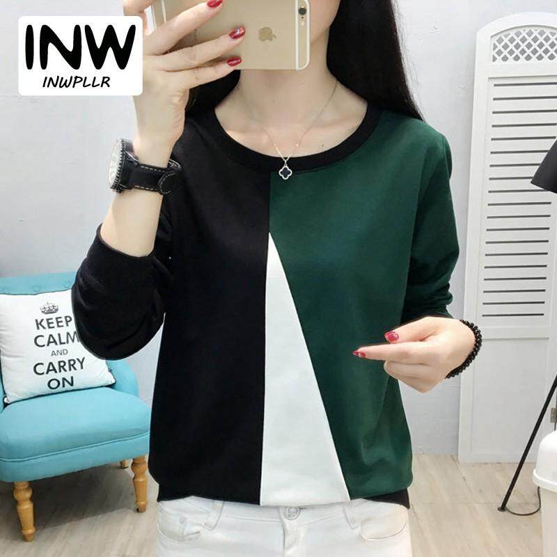 INWPLLR Korean Style Fashion Women T-shirts Autumn Patchwork Tshirts Casual Cotton Tshirts Female Tops Tees Plus Size Long Sleeve T-Shirt