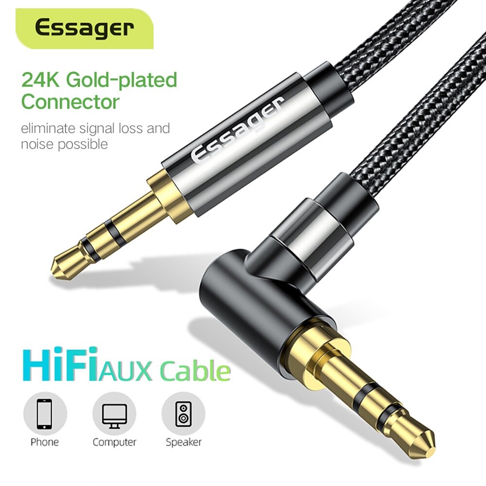 Essager Aux Cable 3.5mm Jack Audio Cable 90 Degree Right Angle Hifi 3.5 AUX Cord for Wired Headphones Xiaomi Speaker AUX Cord