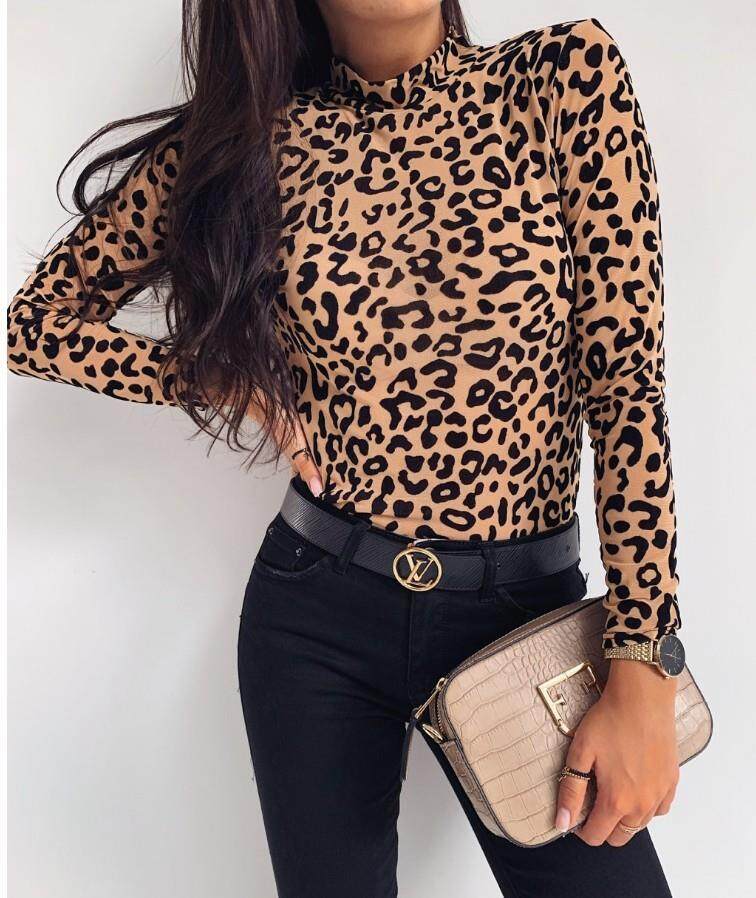 EDQRDQ Women's Leopard Print Long Sleeve High Neck T-Shirt Basic Solid Slim  Cheetah Shirts Fitted Tee Top