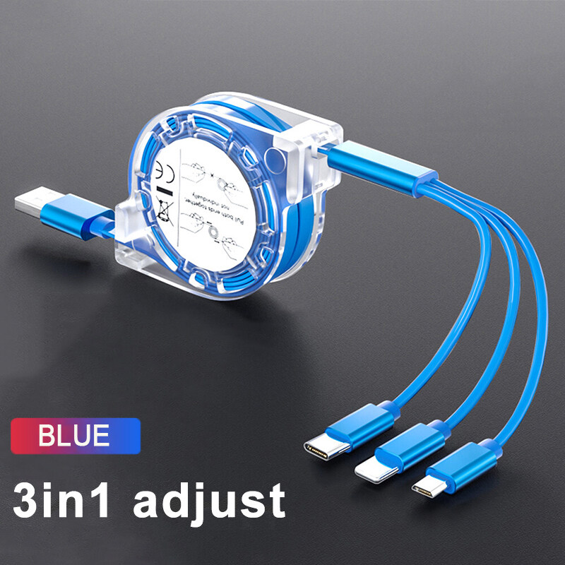 DISOUR Original 3 IN 1 Retractable Fast Charging Cable Micro USB Type-C Lightning For iPhone Xiaomi Huawei Redmi Samsung Mobile Phone Charger Cable 2.4A Fast Charging TPE Cord