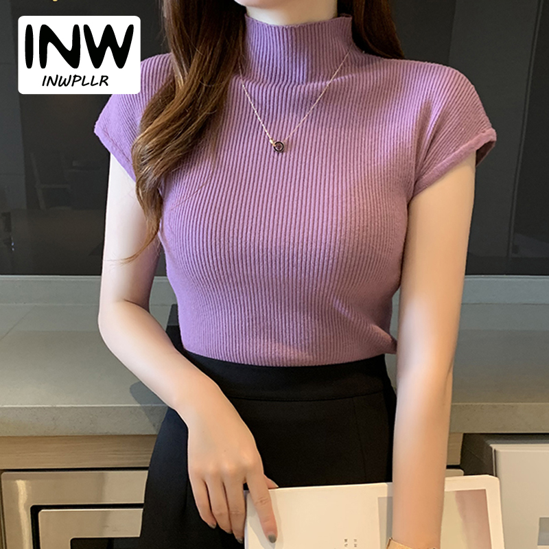 INWPLLR New Casual Women T-shirt Half Turtleneck Short Sleeve Plain Top Summer Slim Bottoming Knitted Tshirts Ladies