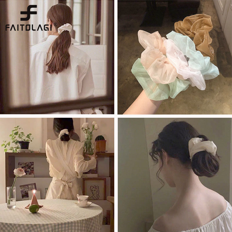 Women Solid Chiffon Scrunchies For Ponytail Holder Girls Transparent Cloth Elastic Hair Rope Hair Tie Hair Accessories
