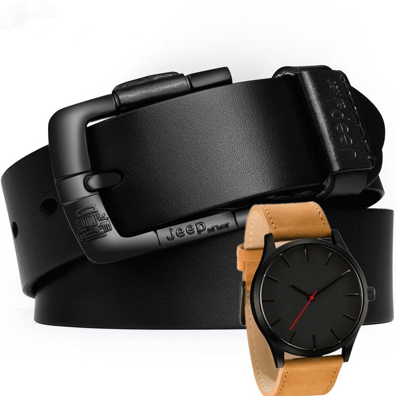New fashion men’s Genuine Leather Buckle Belt for Men (Black) buy one get one watch