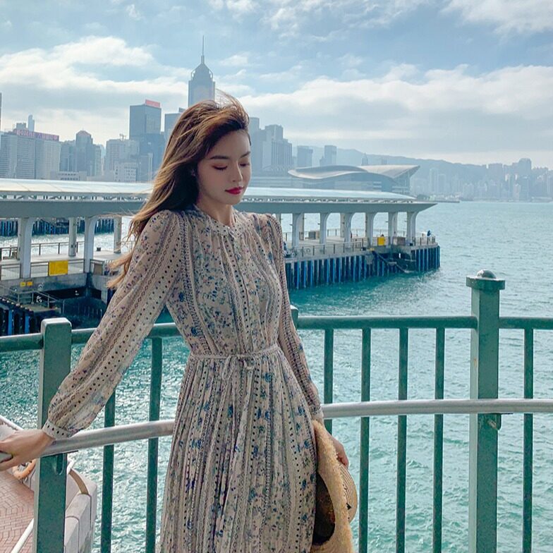 LUCKIN STORE 2021 New Women's Long sleeve Dress Floral Chiffon Waist Long Skirt Print Skirt