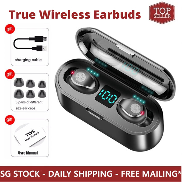 [TopSeller] F9 True Wireless Earbuds Stereo TWS Bluetooth V5.1 Earphones Headphones Headsets Waterproof Sweatproof IPX7 Sports HiFi Touch Control Call Voice Assistant With Mic Charging Case Phone Hold