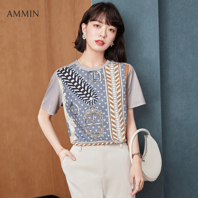 AMMIN 2021 summer new style retro western-style printed silk stitching round neck fashion all-match blouse women&#39;s Korean short-sleeved simple and elegant t-shirt ins hot tops