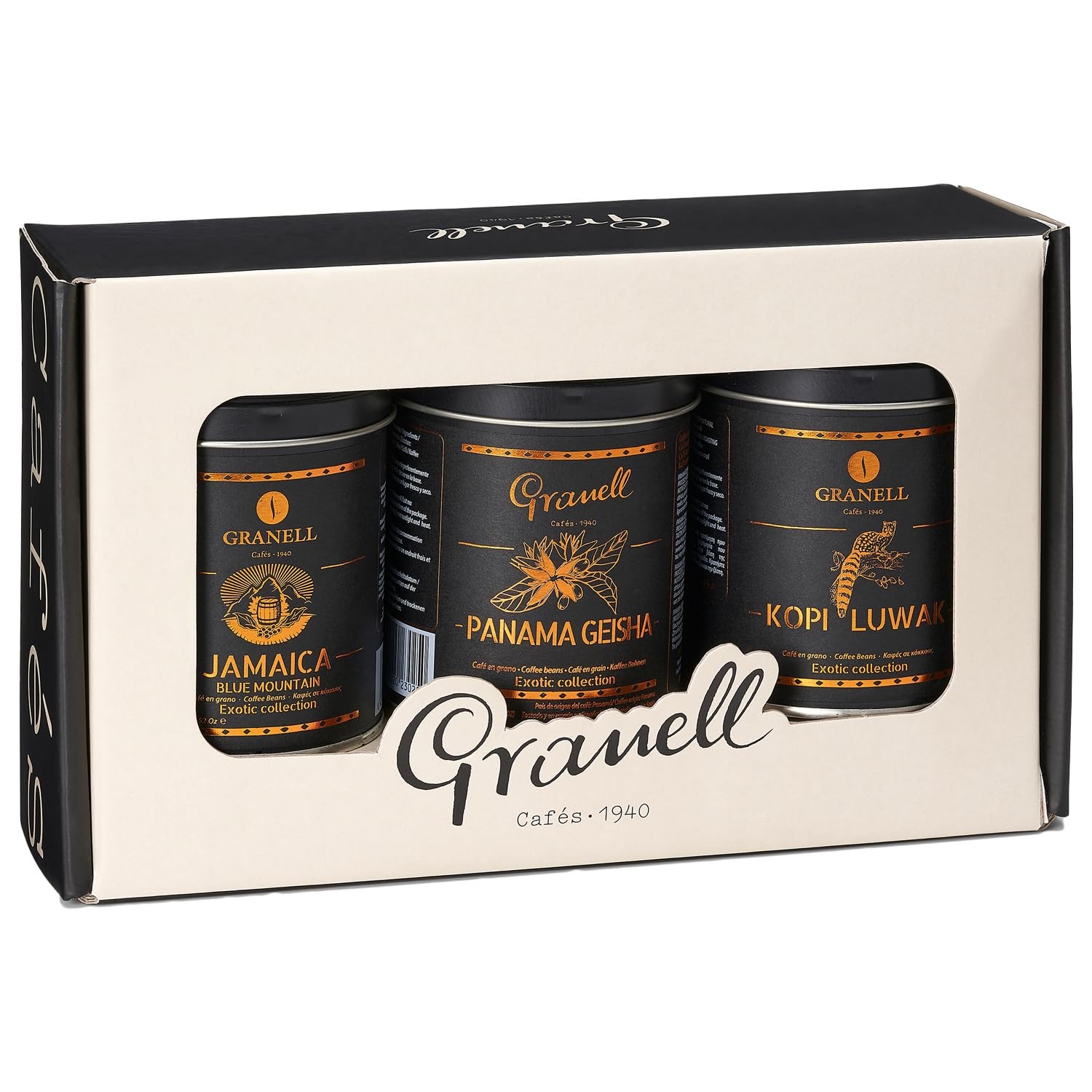 Cafés Granell Kopi Luwak, Blue Mountain (Jamaica) and Panamanian Geisha Coffee 3-Pack Gift Set | Exotic Series Fresh Whole Bean Quality Control 100% Arabica Coffee-Premium Medium Roasted 3.4 ounces (a