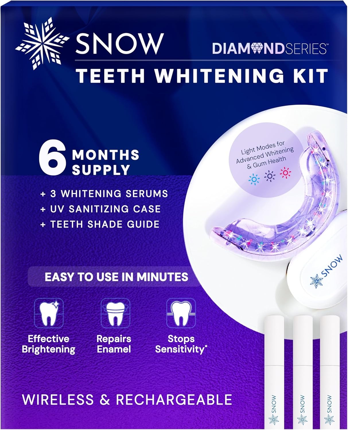 Snow White Tooth Whitening Kit-Snow White Tooth Whitening Essence and LED Blowing Mouth Whitening Agent, containing hydroxyapatite, suitable for 6 months-Wireless Kit with 3 wands.
