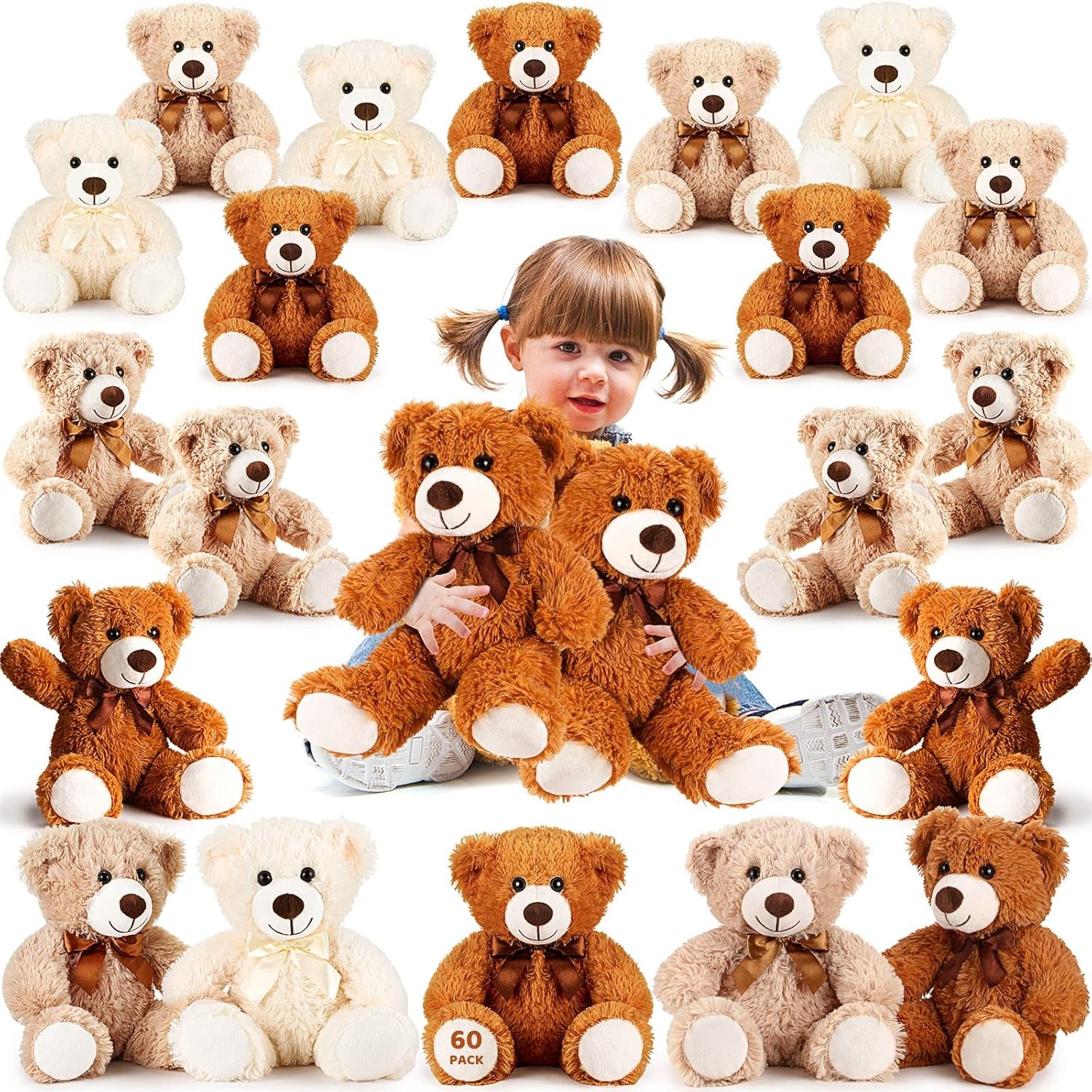 Sosation 60 pieces of 14-inch (about 35.5 cm) bears stuffed animals in bulk, cute toys, soft plush dolls suitable for girlfriends, babies, showers, revealing gender, bedroom gifts for graduation weddi