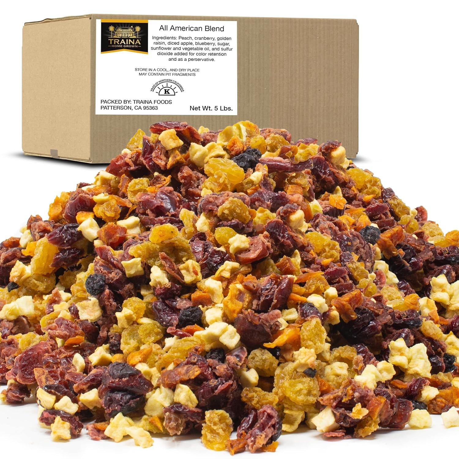 Traina Home Grown All American sun dried fruit mixture-peaches, cranberries, blueberries, apples, golden raisins, non-GMO, gluten-free, value size (5 lbs).