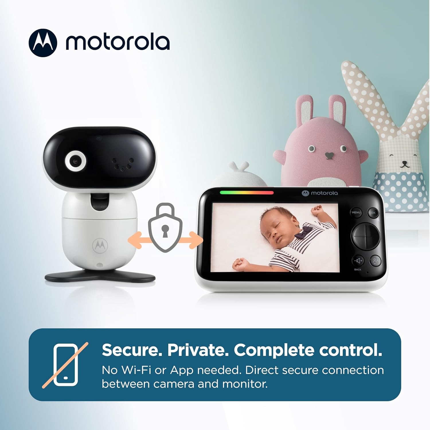 Motorola Nursery PIP1610 HD electric video baby monitor with camera, 5-inch screen, wall-mounted, 100-foot range, two-way audio, room temperature monitoring.
