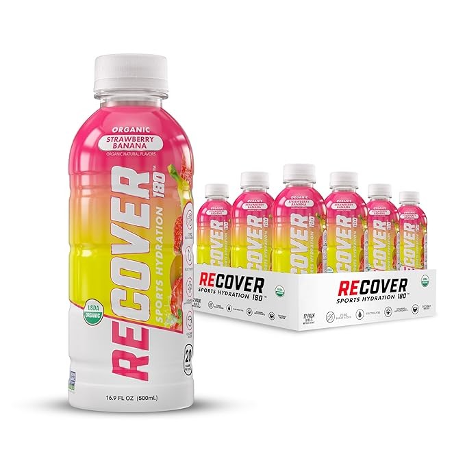 RECOVER 180 Organic Sports Hydration Drink, No Sugar Added, 20 Sports Drinks, Organic Vitamins, Potassium, 16.9 fl oz (12 pack), Strawberry Banana