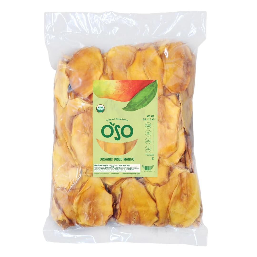 Oso snacks organic mango slices. High quality, big round and a half! | 5-pound bulk bag | No sugar | No preservative | 100% fruit | No genetically modified | Simple fruit. Simple and delicious.