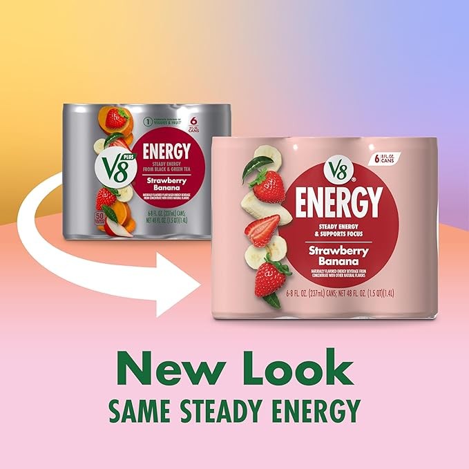 V8 + ENERGY Strawberry Banana Energy Drink, made with real vegetable and fruit juices, 8 fl oz cans (6 servings)